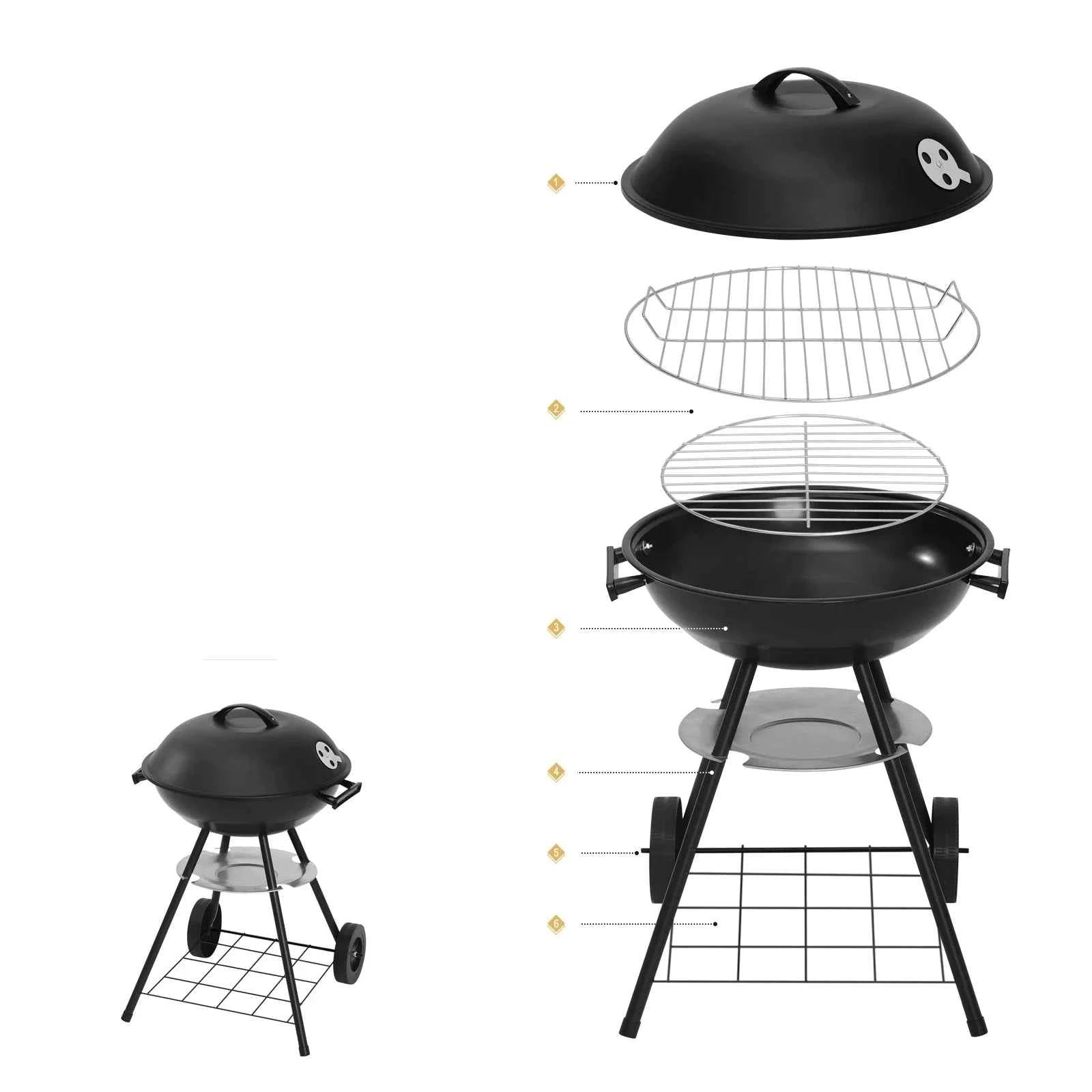 Grill węglowy kulisty z pokrywą i termometrem — kółka, półka dolna, regulowane wentylacje - Zeleno