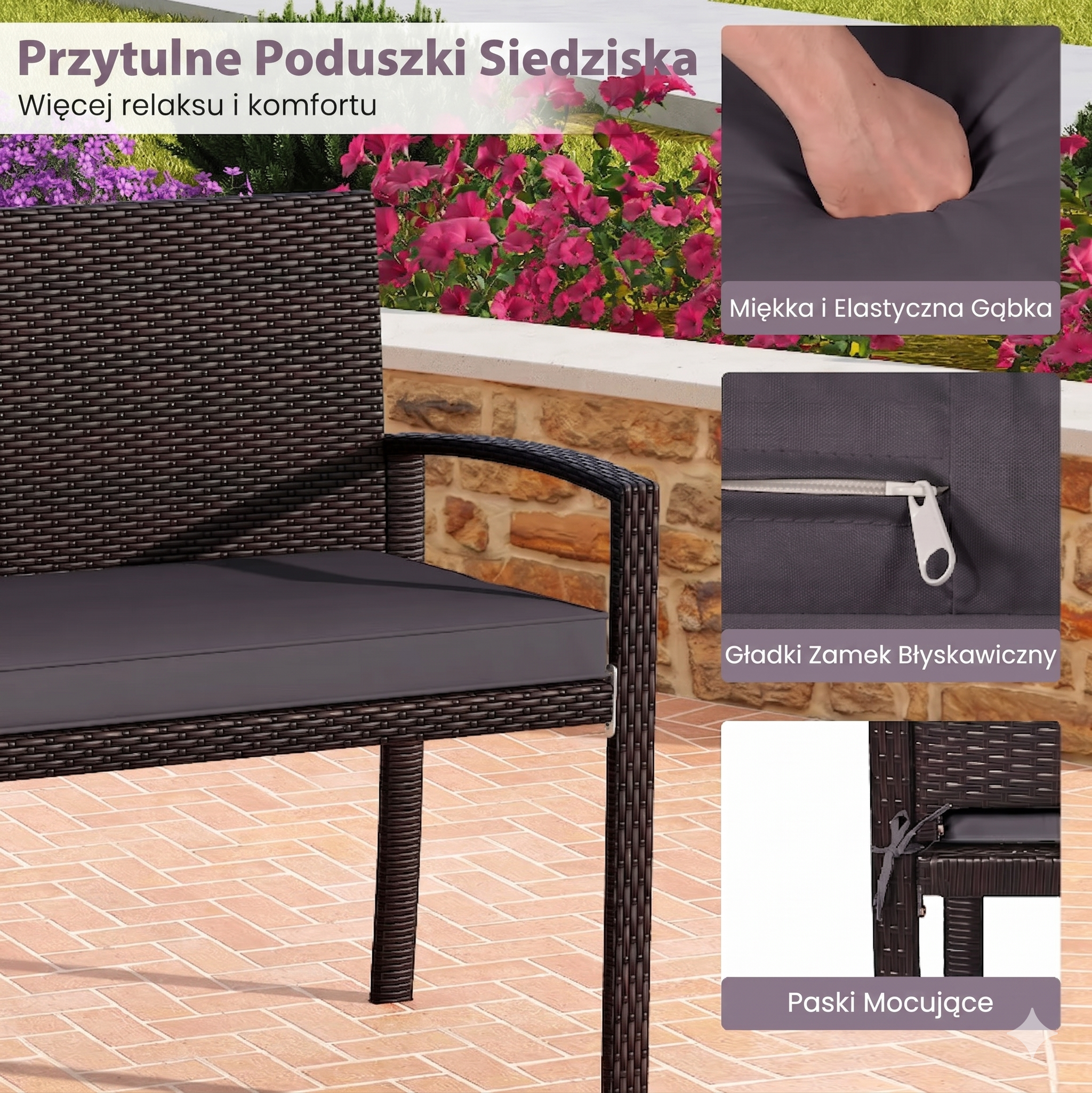 Rattanowa ławka ogrodowa 2-osobowa z poduszką - Zeleno