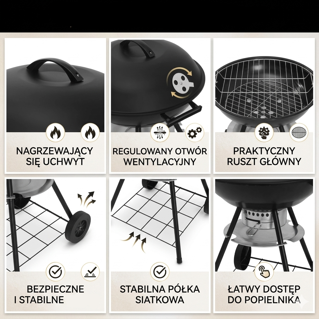 Grill węglowy kulisty z pokrywą i termometrem — kółka, półka dolna, regulowane wentylacje - Zeleno