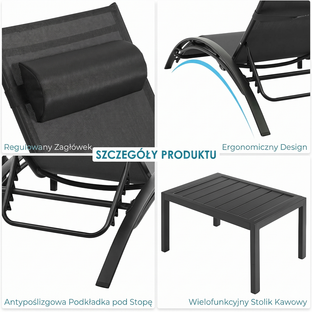 Zestaw 2 leżaki ogrodowe aluminiowe z tkanią Teslin + stolik — regulacja - Zeleno