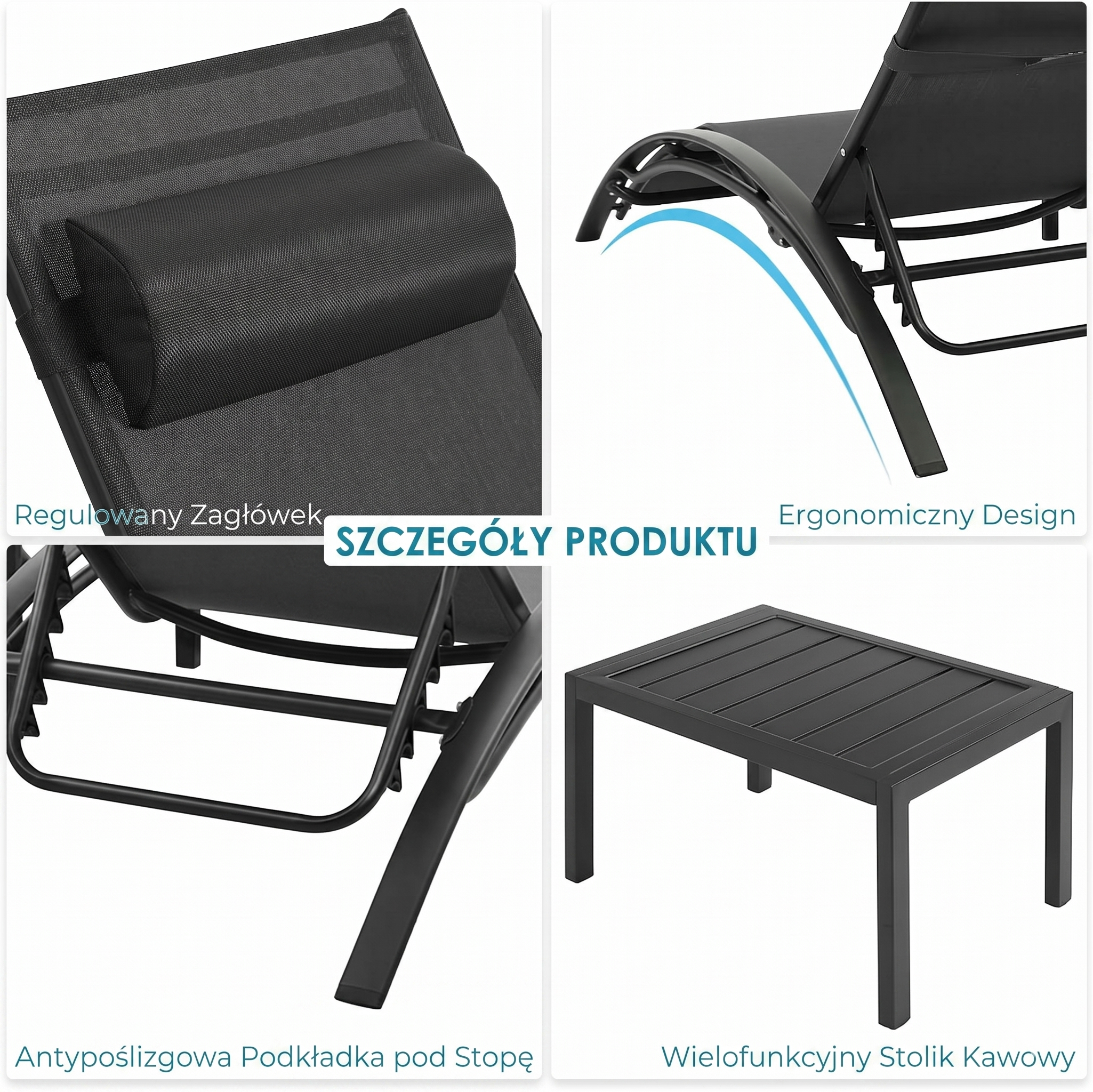 Zestaw 2 leżaki ogrodowe aluminiowe z tkanią Teslin + stolik — regulacja - Zeleno