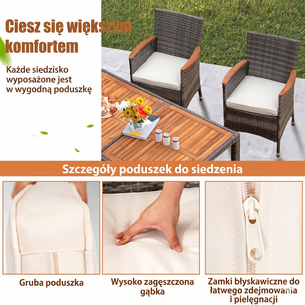 Zestaw mebli ogrodowych 7-elementowy — stół akacjowy + 6 foteli rattanowych z poduszkami - Zeleno