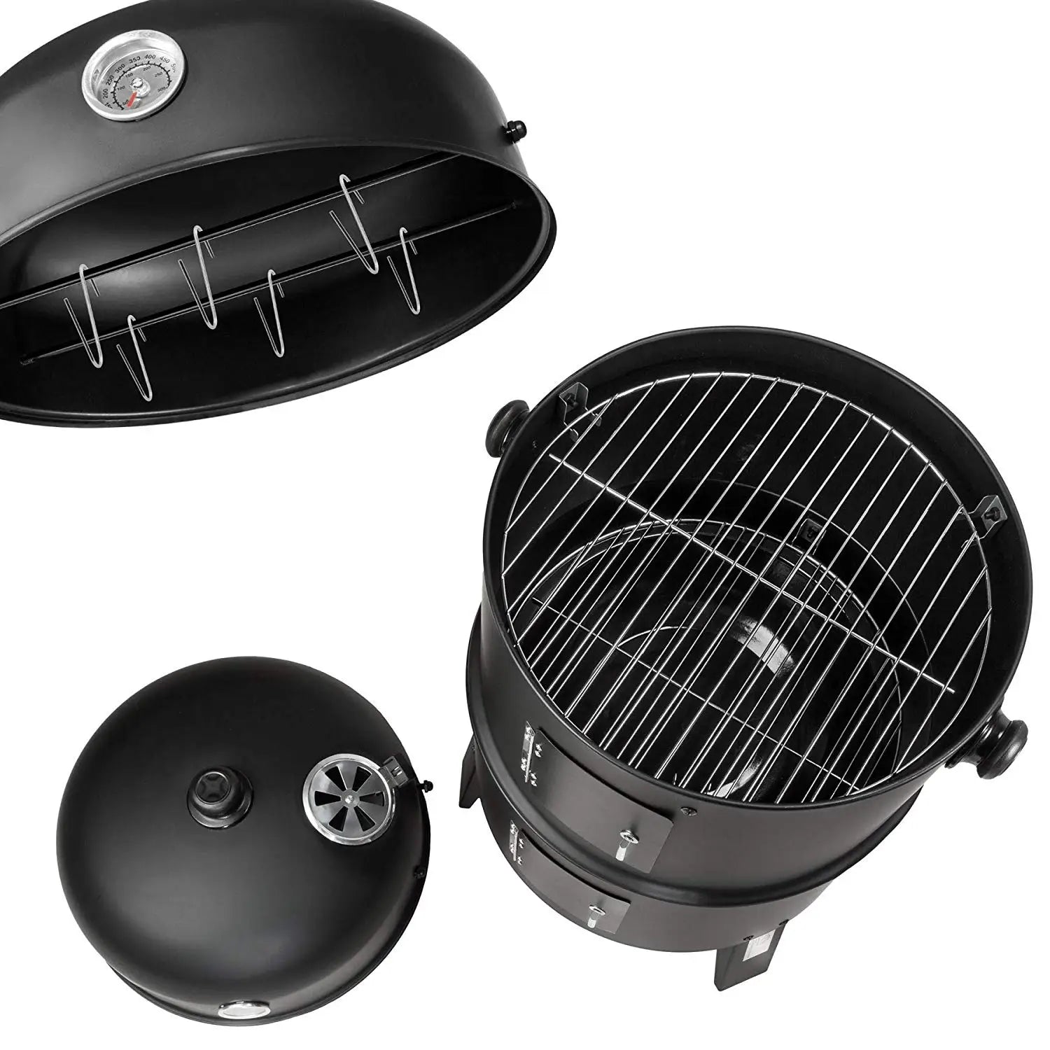 Zeleno grill węglowy 3 w 1 BBQ i wędzarka w beczce z termometrem, idealny na imprezy plenerowe, widok z góry