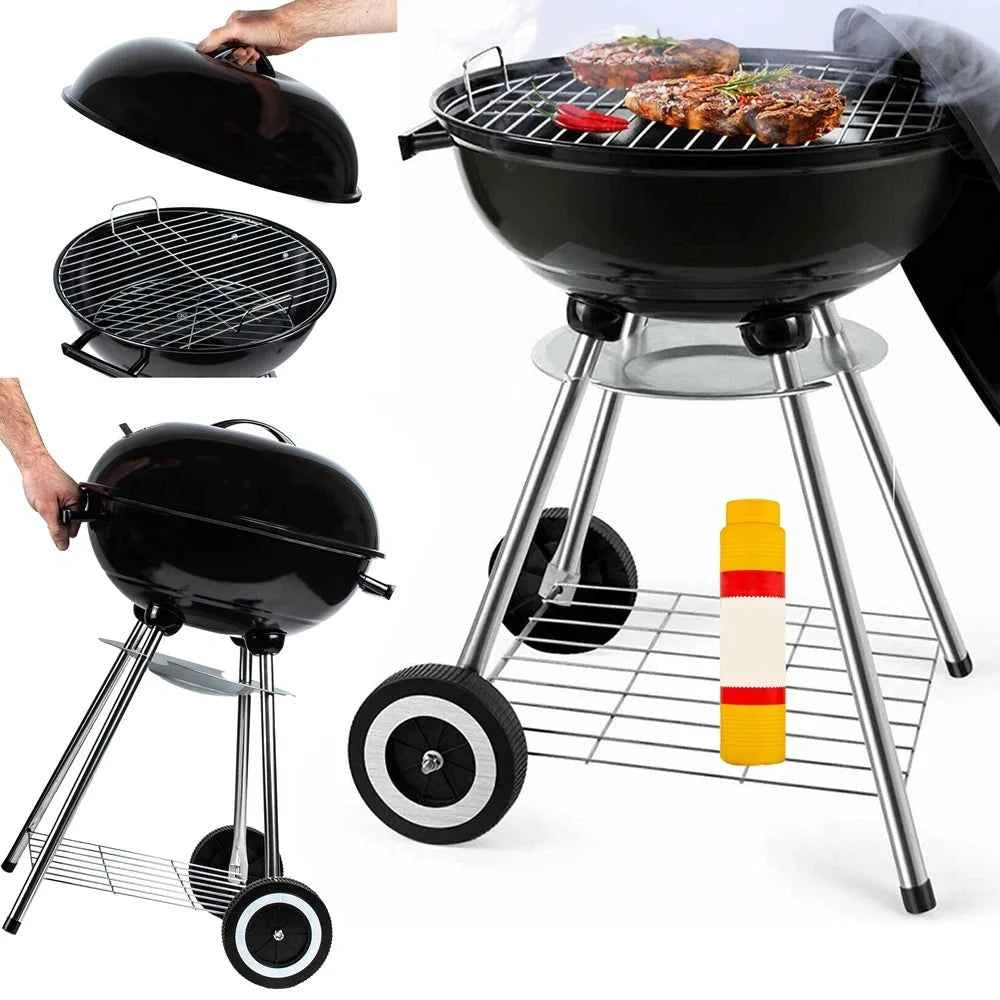 Grill węglowy kulisty z pokrywą — przenośny, z półką i popielnikiem - Zeleno