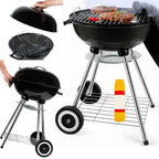 Grill węglowy kulisty z pokrywą — przenośny, z półką i popielnikiem - Zeleno