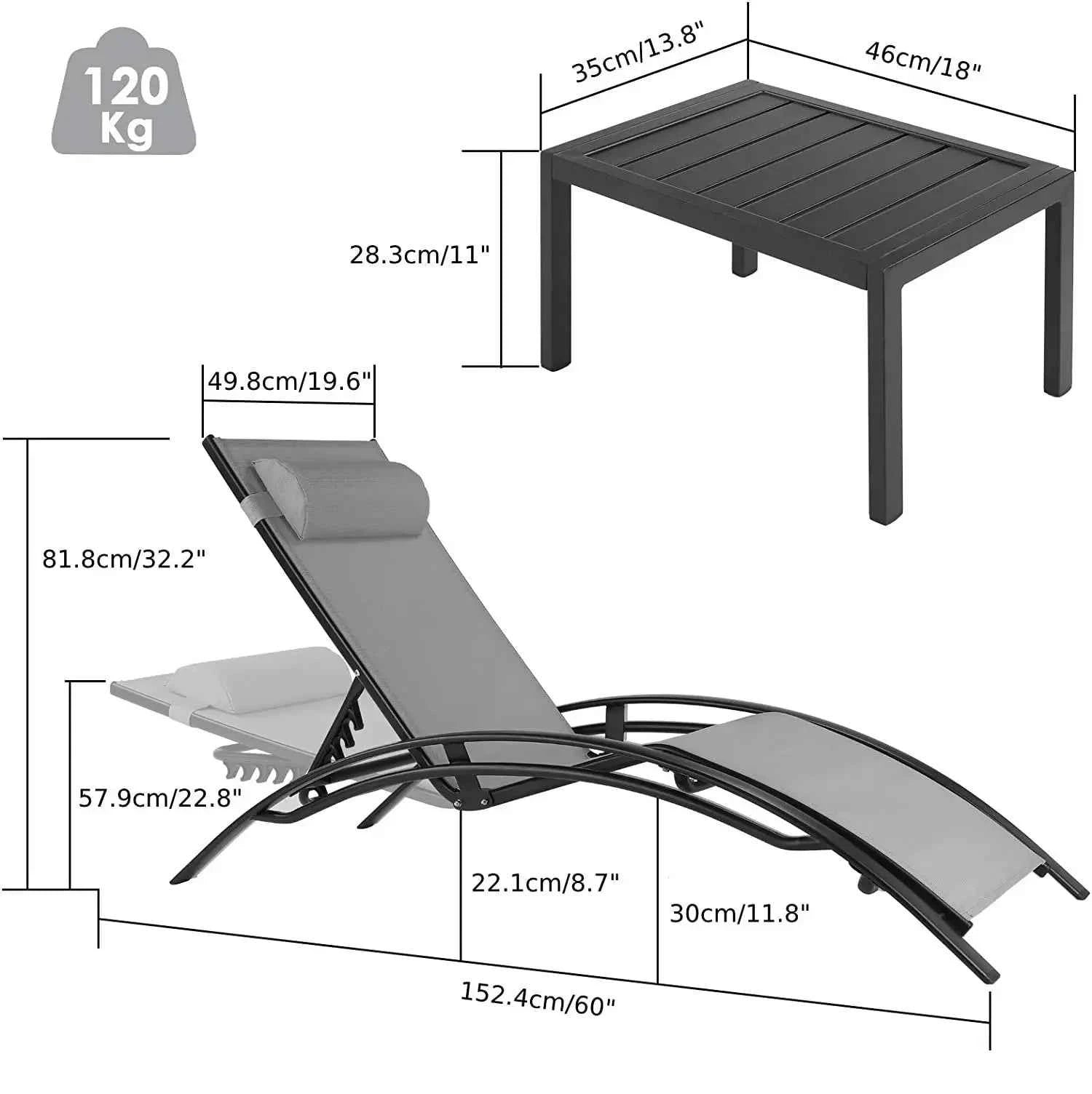 Zestaw 2 leżaki ogrodowe aluminiowe z tkanią Teslin + stolik — regulacja - Zeleno