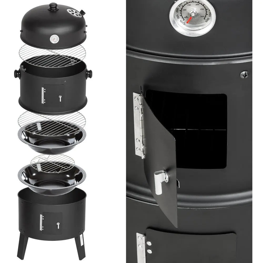 Grill węglowy 3w1 Zeleno w kształcie beczki z termometrem, idealny na imprezy plenerowe, do grillowania i wędzenia.