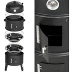 Grill węglowy 3w1 Zeleno w kształcie beczki z termometrem, idealny na imprezy plenerowe, do grillowania i wędzenia.