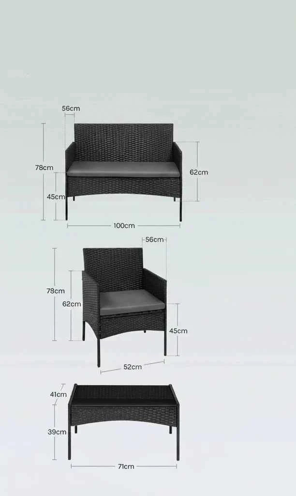 Kompaktowy zestaw mebli, rattanowy — sofa 2-osobowa, 2 fotele, stolik kawowy ze szkłem - Zeleno