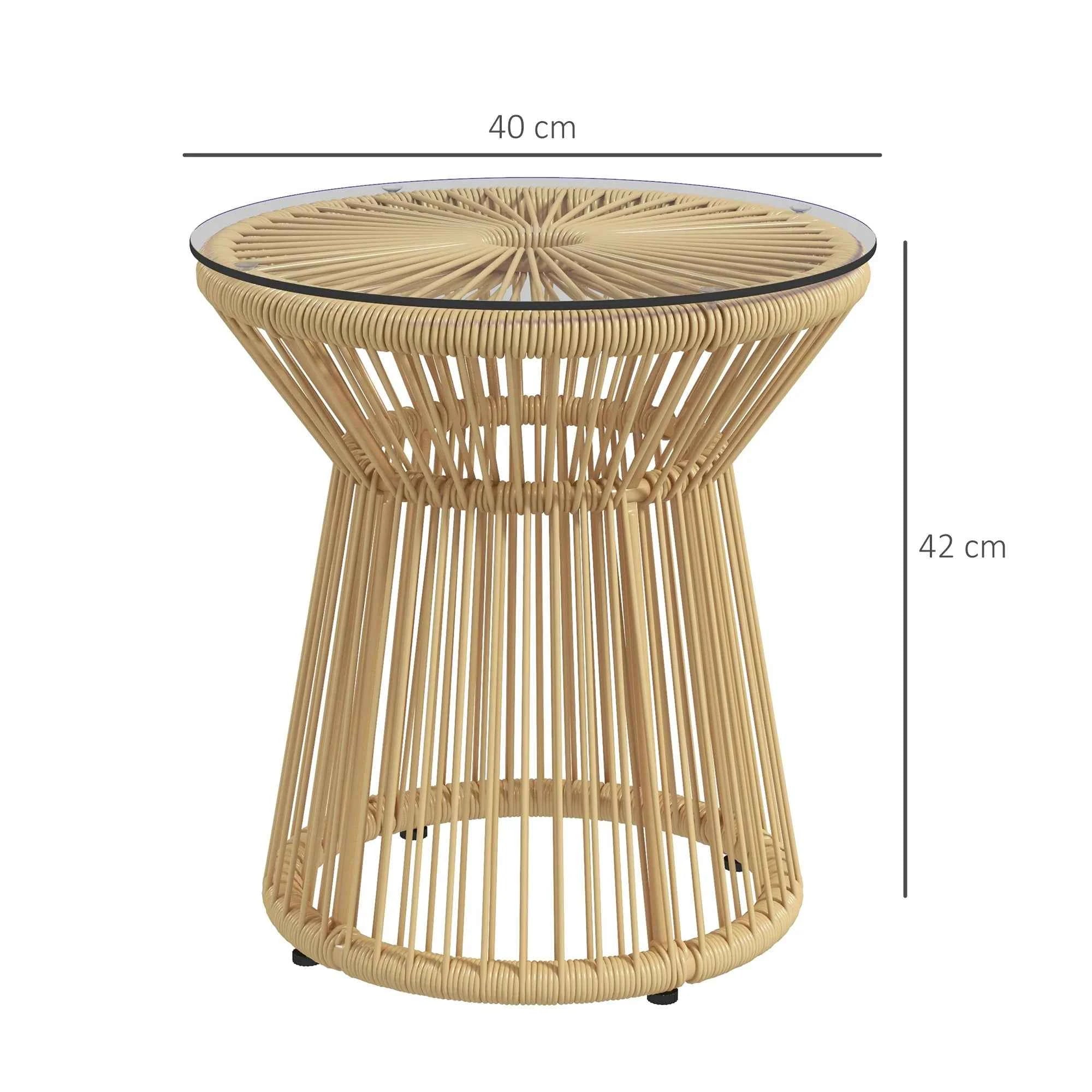 Okrągły stolik kawowy rattanowy w stylu boho — 40 cm, szkło hartowane, naturalny beż - Zeleno