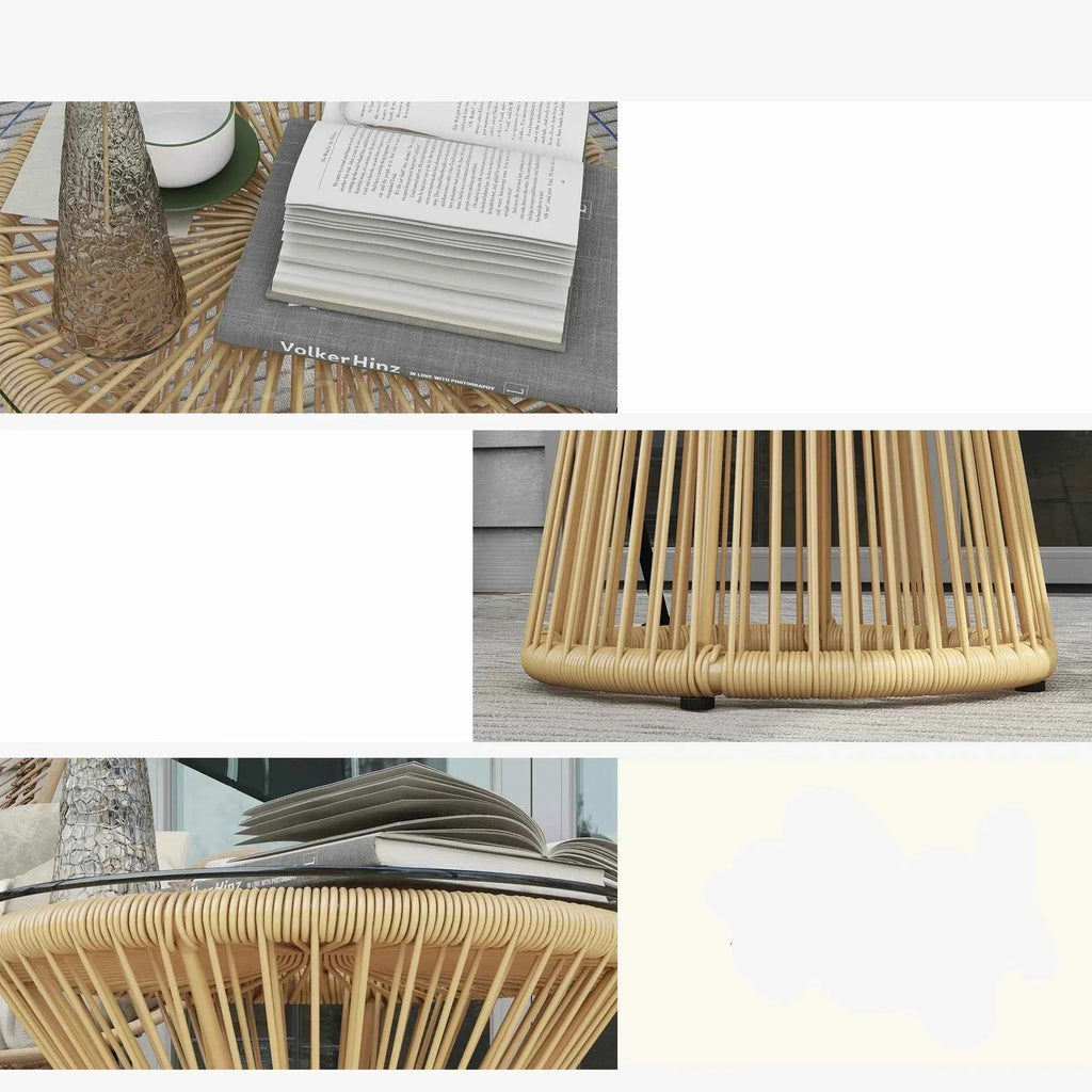 Okrągły stolik kawowy rattanowy w stylu boho — 40 cm, szkło hartowane, naturalny beż - Zeleno