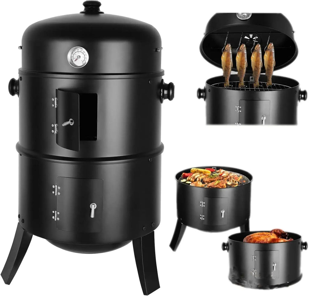 Zeleno grill węglowy 3 w 1 z termometrem, wędzarka i BBQ w beczce, idealny na imprezy plenerowe, widoczny na zdjęciu