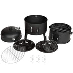 Grill węglowy 3 w 1 Zeleno z termometrem, wędzarka i BBQ w beczce na imprezy plenerowe, widoczny na zdjęciu