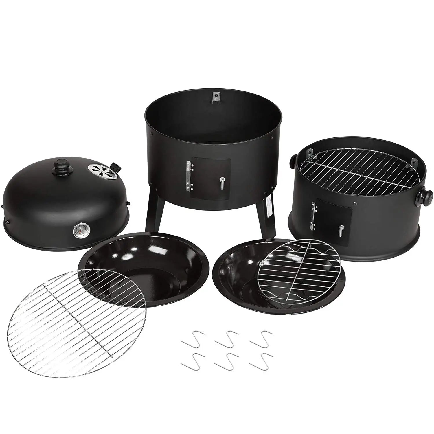 Grill węglowy 3 w 1 Zeleno z termometrem, wędzarka i BBQ w beczce na imprezy plenerowe, widoczny na zdjęciu