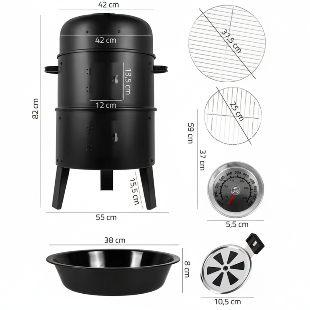 Grill węglowy BBQ i wędzarka z termometrem - 3 w 1