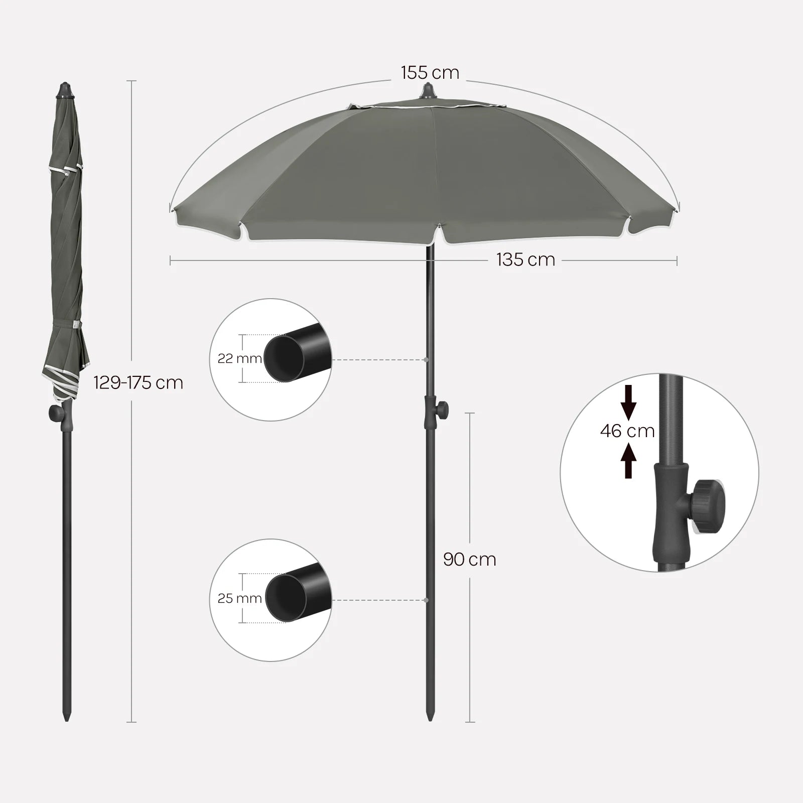 Okrągły parasol tarasowy Zeleno z regulowaną wysokością i nachyleniem 35°, elastyczna osłona przeciwsłoneczna na taras i balkon