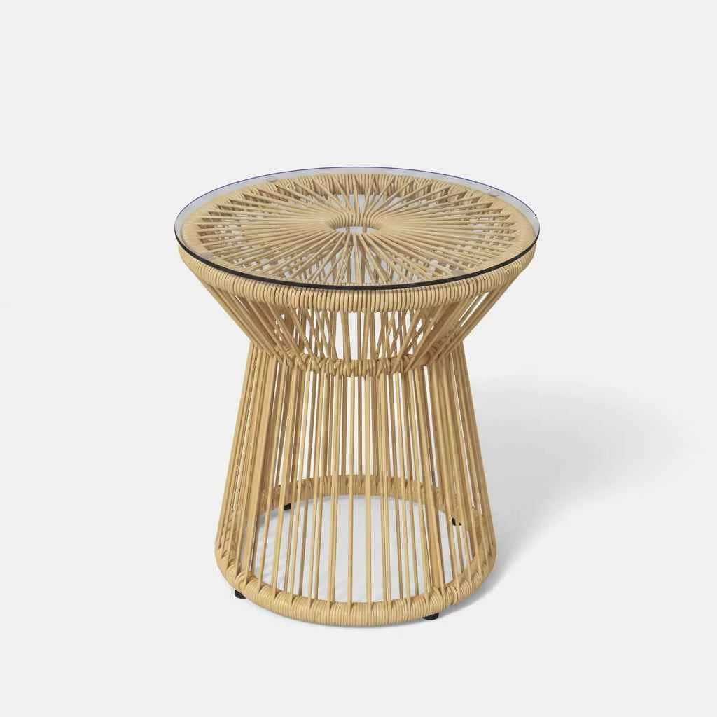 Okrągły stolik kawowy rattanowy w stylu boho — 40 cm, szkło hartowane, naturalny beż - Zeleno